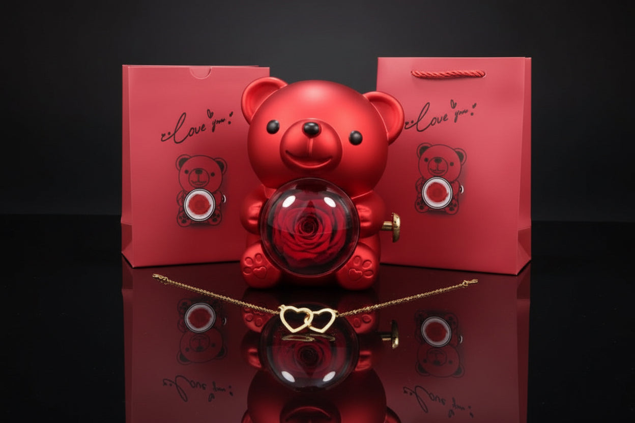 Valentine’s Bear + Engraved Necklace - Rose Bound