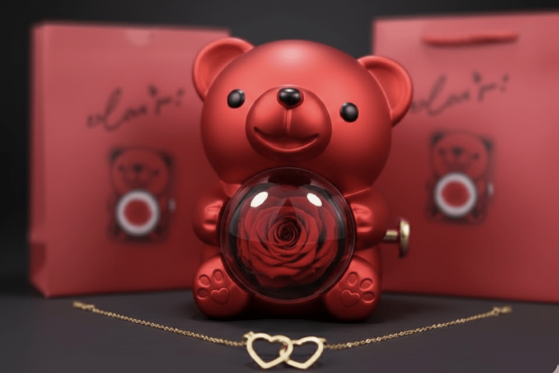 Valentine’s Bear + Engraved Necklace - Rose Bound