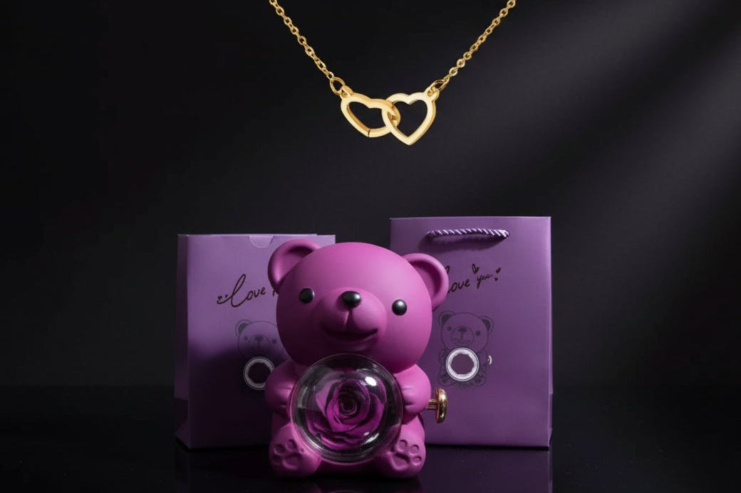 Valentine’s Bear + Engraved Necklace - Rose Bound