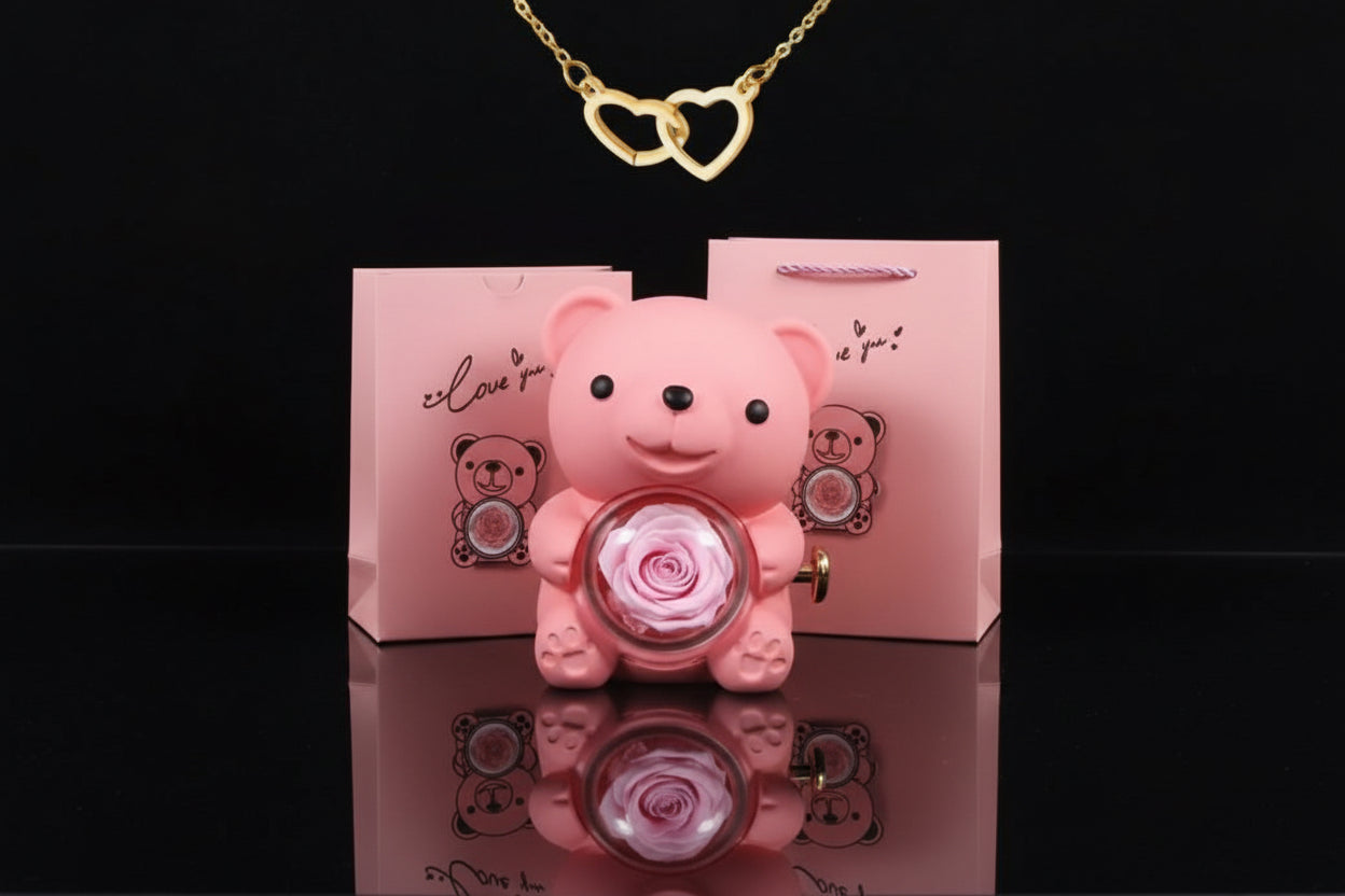 Valentine’s Bear + Engraved Necklace - Rose Bound